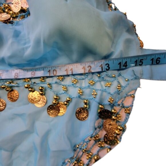 Blue Belly Dancing Top Crocheted with Gold Beads Coins Halter Crop Top - Picture 5 of 6